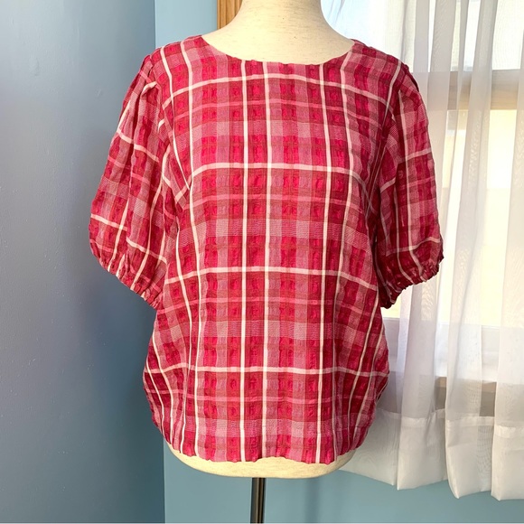 NWT Madewell Azalea Plaid Short Puff Sleeve Popover Top - Picture 9 of 10